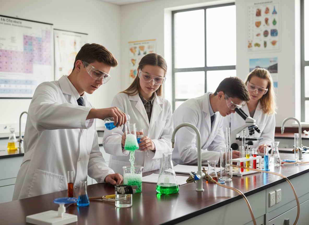 Uczniowie przeprowadzający doświadczenia chemiczne w szkolnym laboratorium