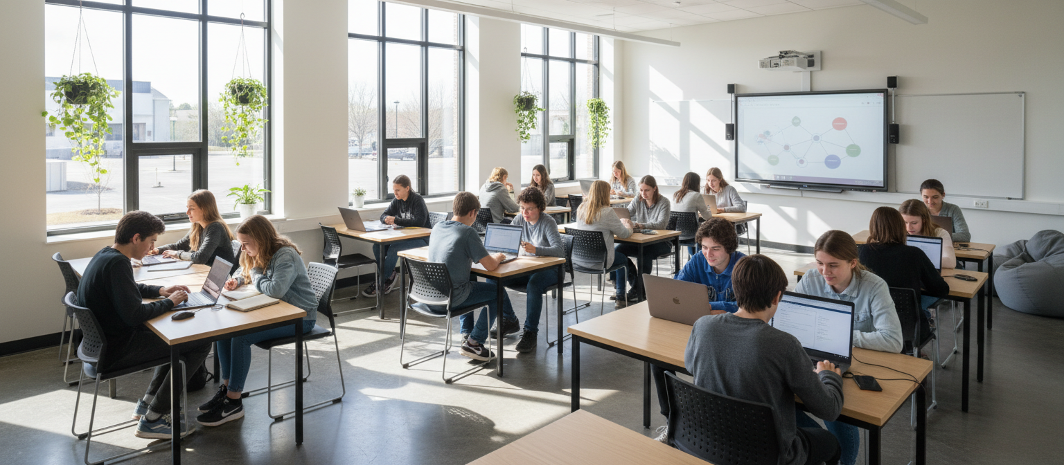 Uczniowie pracujący w grupach przy laptopach w sali lekcyjnej