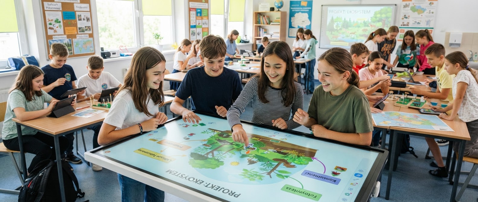 Uczniowie pracujący wspólnie przy interaktywnym stole edukacyjnym